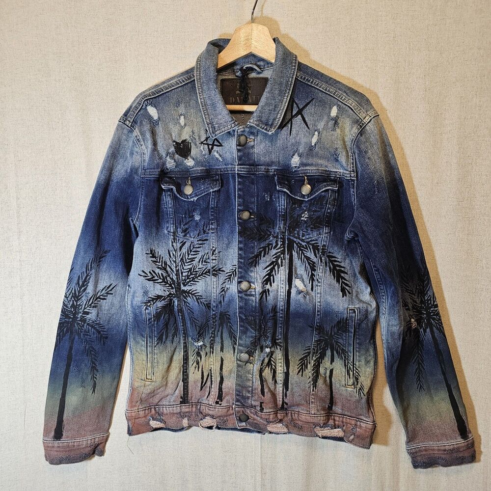 Damati Jeans Denim Jacket Painted Palm Trees Distressed Embellished Men's Large